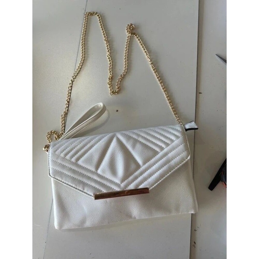 White Quilted Envelope Clutch Purse Gold Chain Crossbody Evening Bag